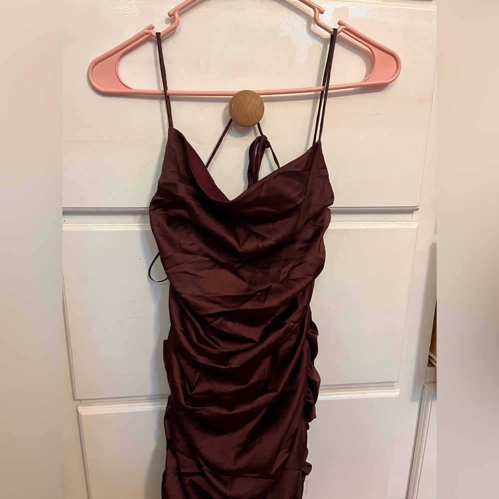 •Windsor Maroon Satin Backless Rutched Dress•🤎